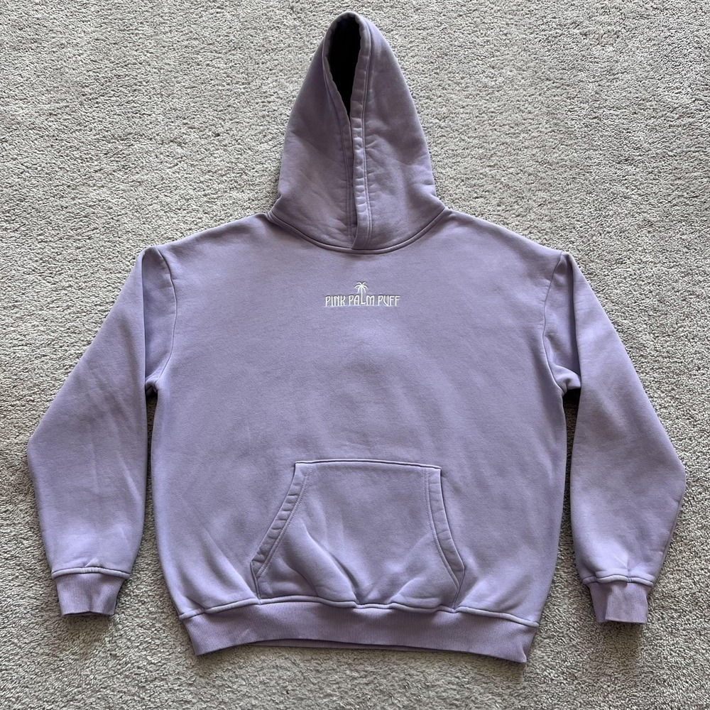 Pink Palm Puff Hoodie Womens Large Purple Pullover Fleece Palm Logo Back Graphic